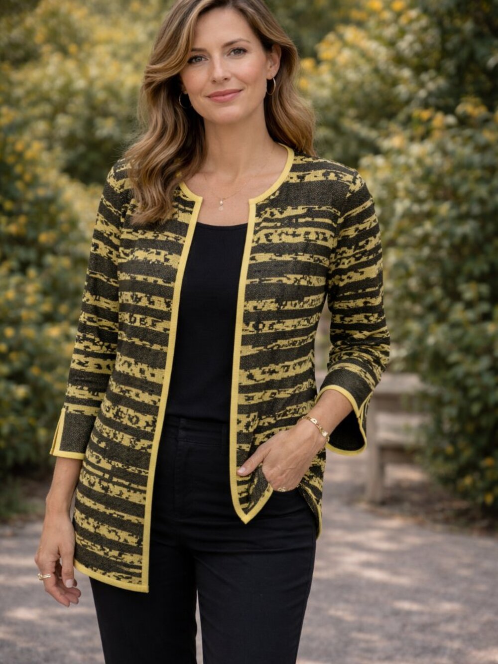 Ming Wang Knit Cardigan Blazer Open Front Slit Sleeve Yellow Black - Picture 1 of 9